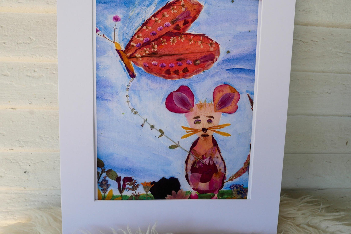 The image is a colorful painting featuring a butterfly and a mouse in a whimsical scene.