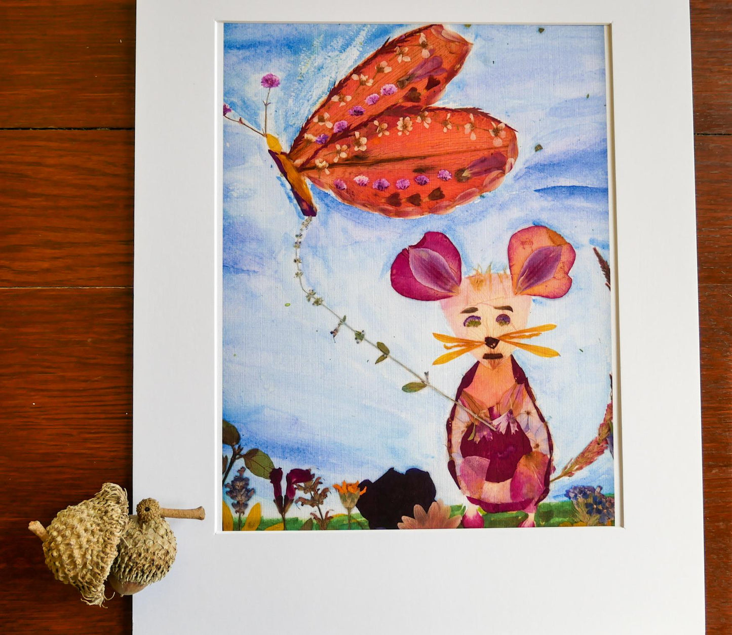 The image is a colorful painting depicting a butterfly and a mouse in a whimsical, nature-inspired scene.