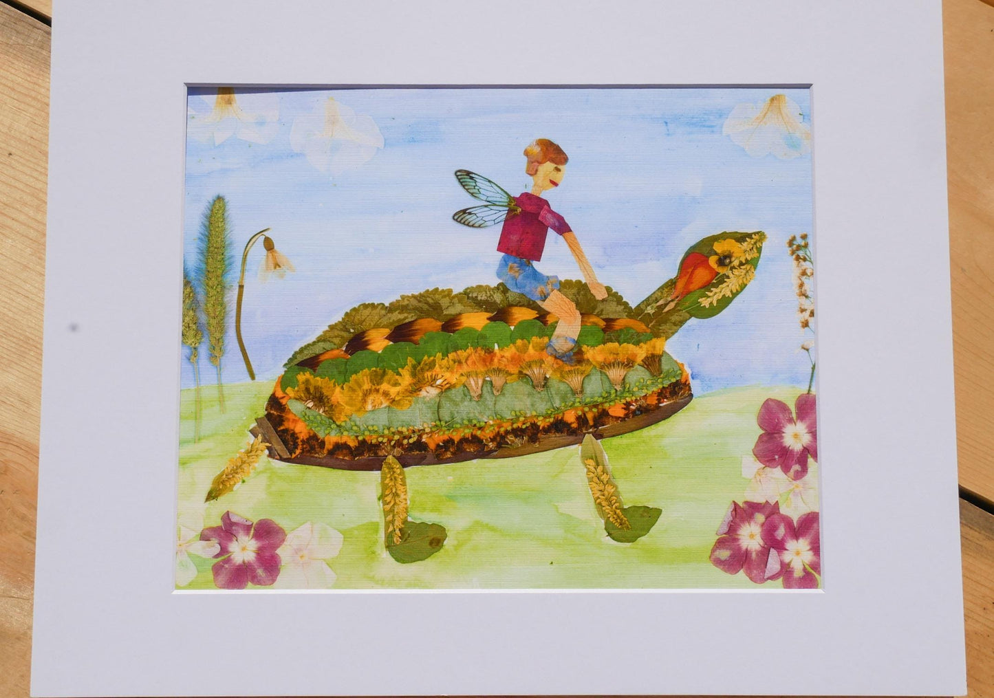 A painting depicting a fairy riding a turtle through a garden with flowers and plants.