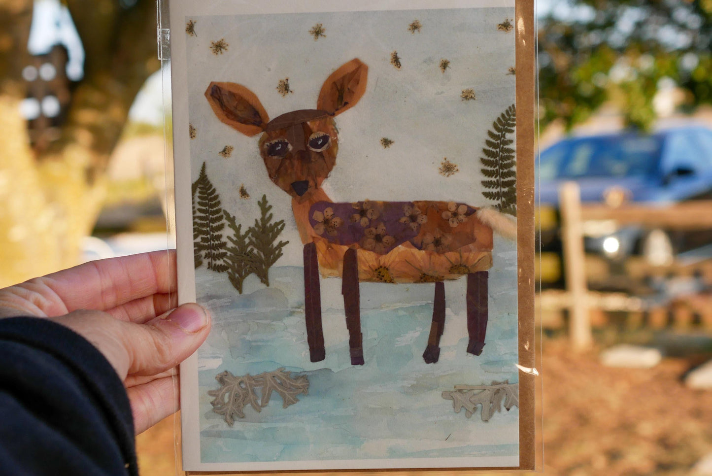 Floral Collage Deer Card - Real Pressed Flower Art
