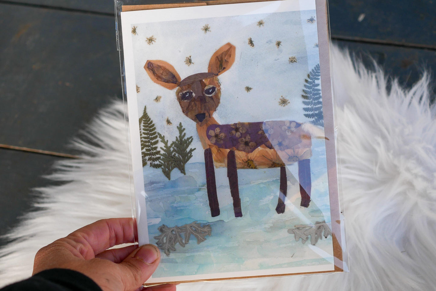 Floral Collage Deer Card - Real Pressed Flower Art