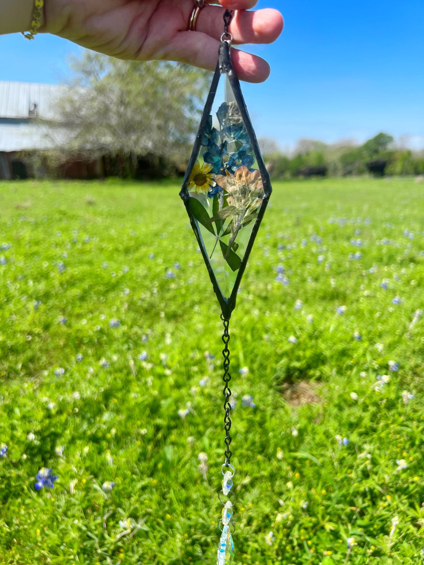 Load image into Gallery viewer, Texas wildflower diamond stained glass with crystal suncatcher wall art
