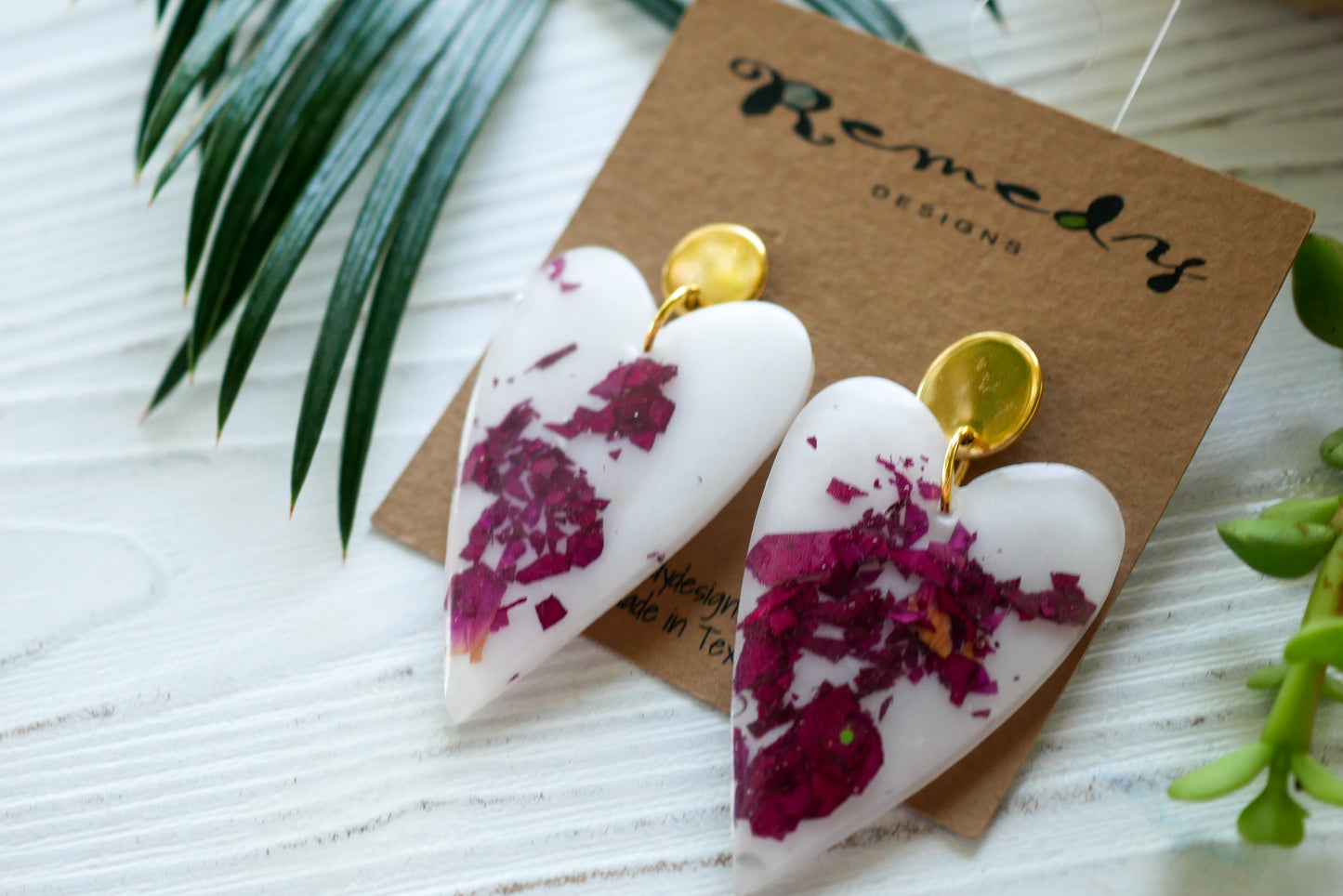 crushed rose petal white heart earrings