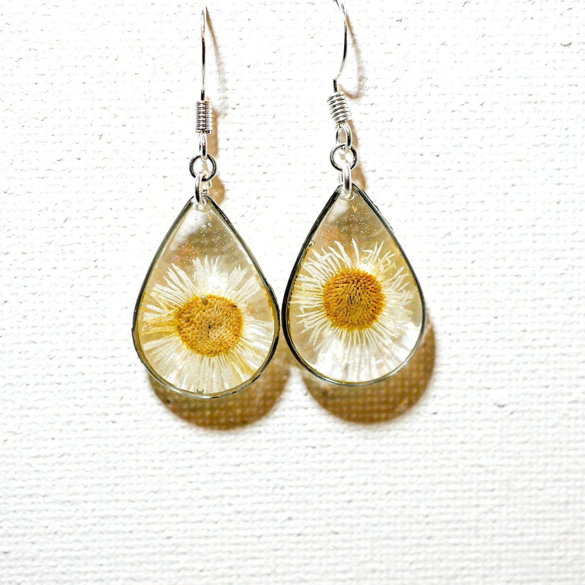 Tiny Real Daisy Teardrop Earrings