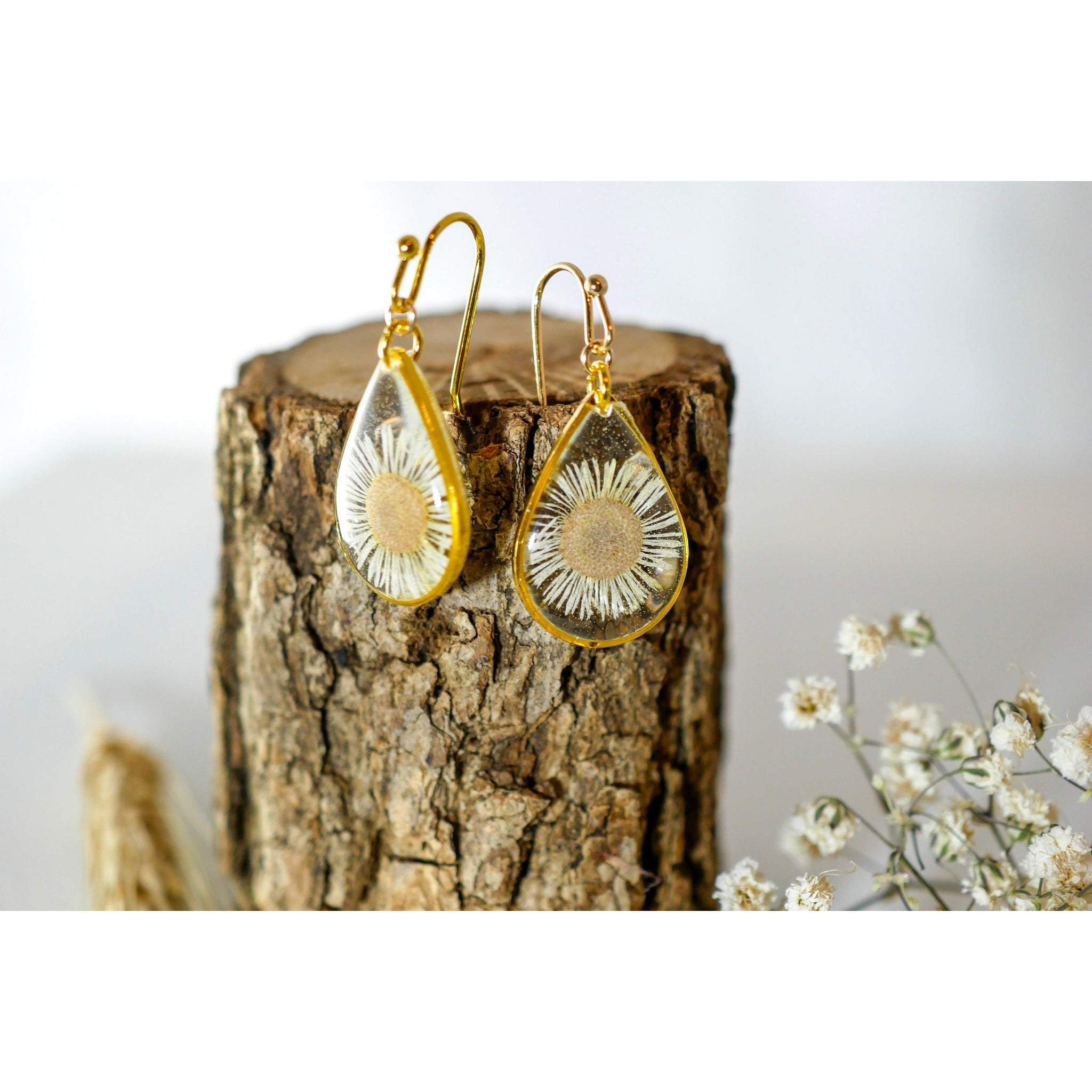 Tiny Real Daisy Teardrop Earrings