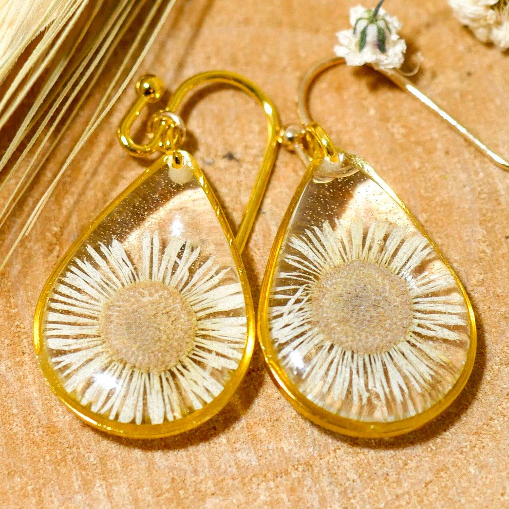 Tiny Real Daisy Teardrop Earrings