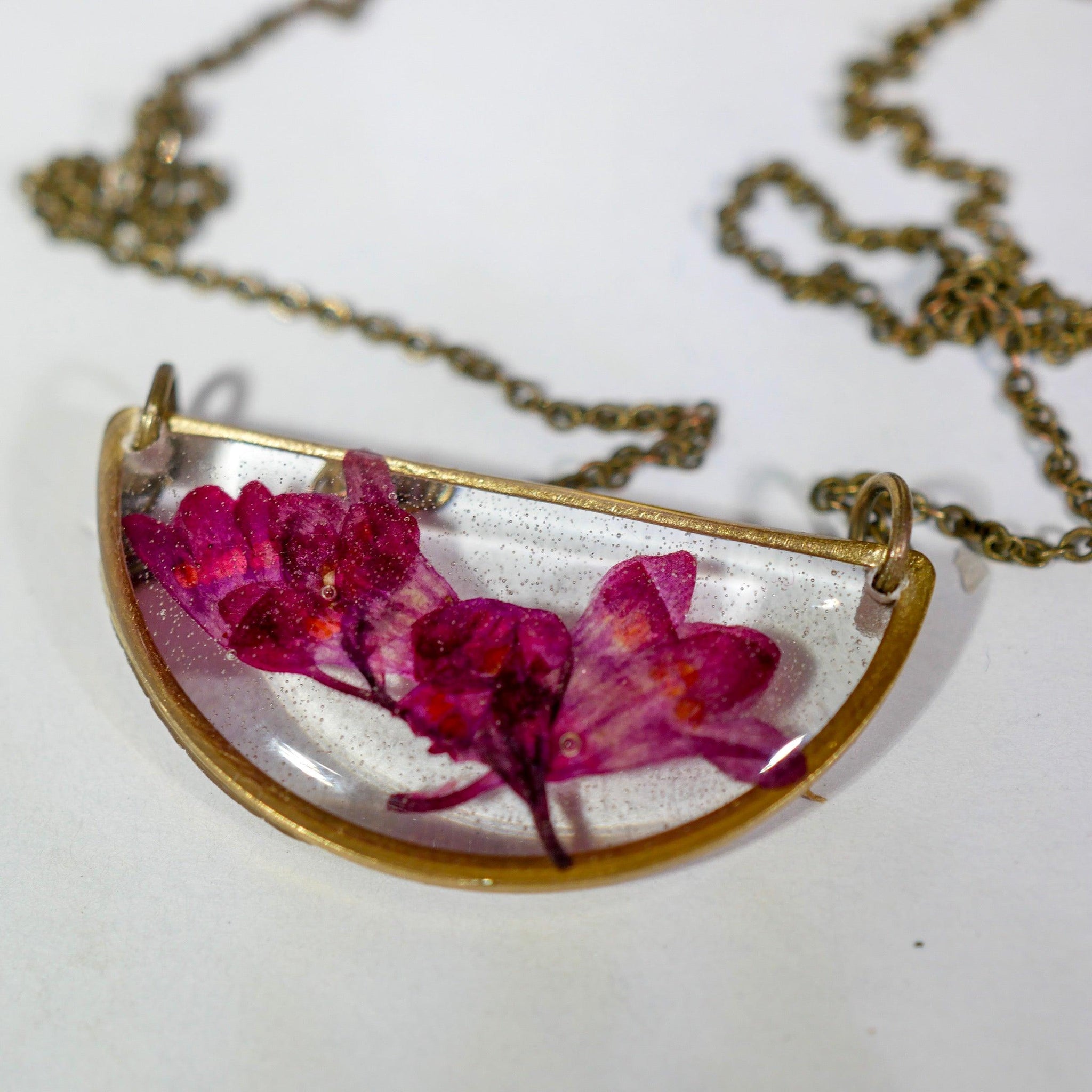 Pressed Coral Bells Half Moon Necklace