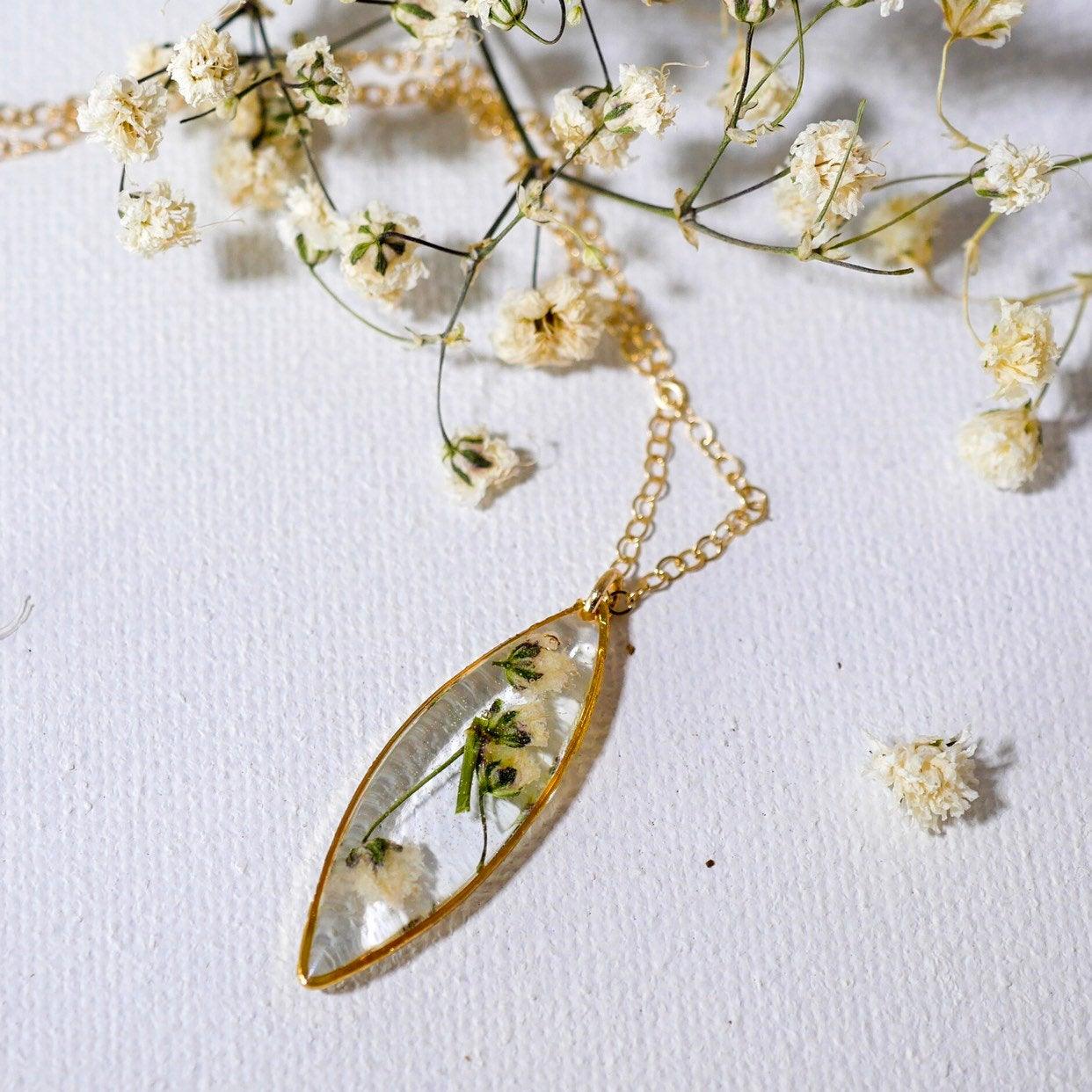 Dainty Real Babys Breath Marquise necklace