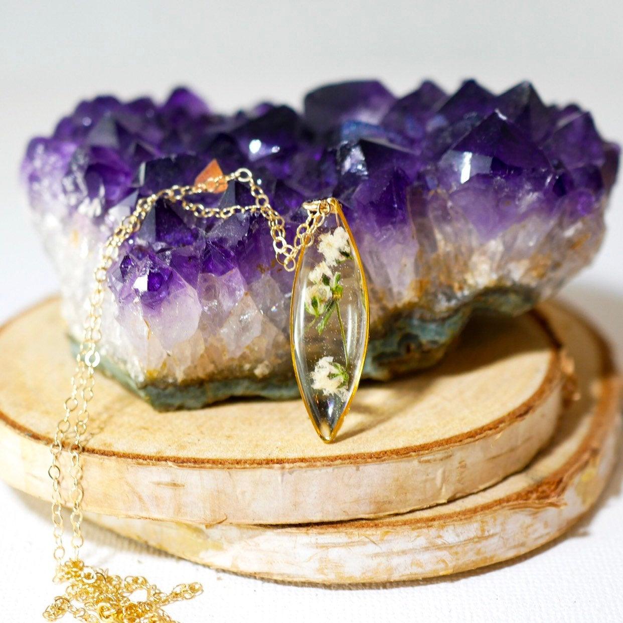 Dainty Real Babys Breath Marquise necklace