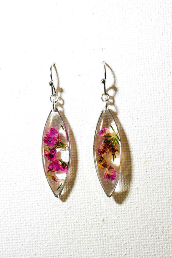 Pressed Heather ellipse earrings, real flower dangles, dainty terrarium earrings, herbarium earrings, woodland bridal