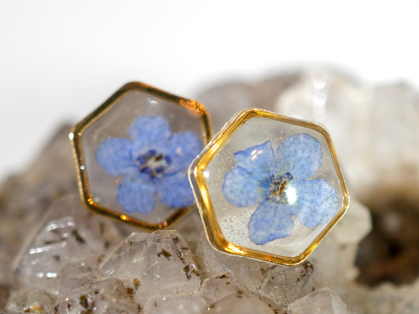 Load image into Gallery viewer, Forget me not stud hexagon earrings
