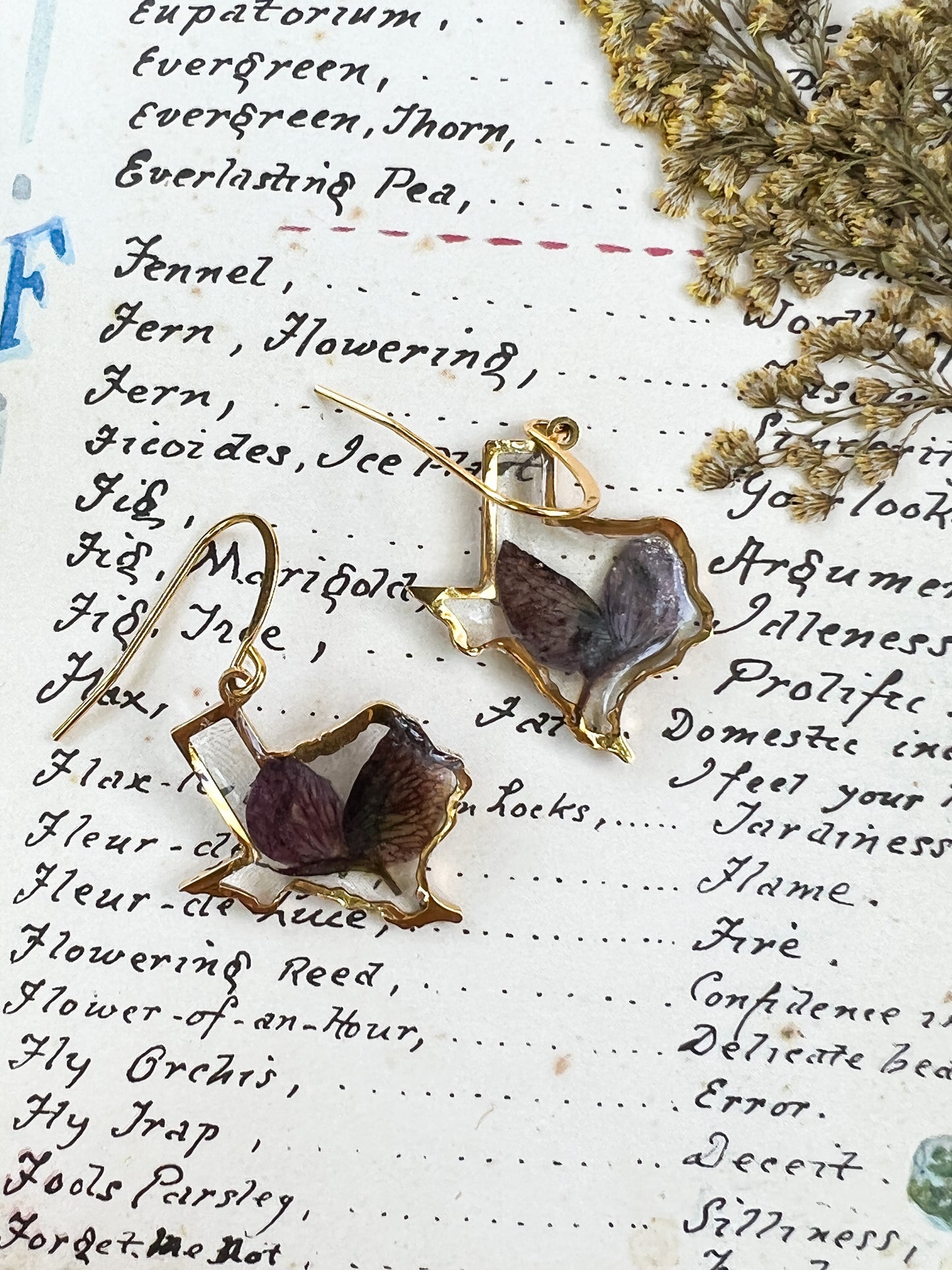Load image into Gallery viewer, Texas shaped Bluebonnet Petal Dangle Earrings
