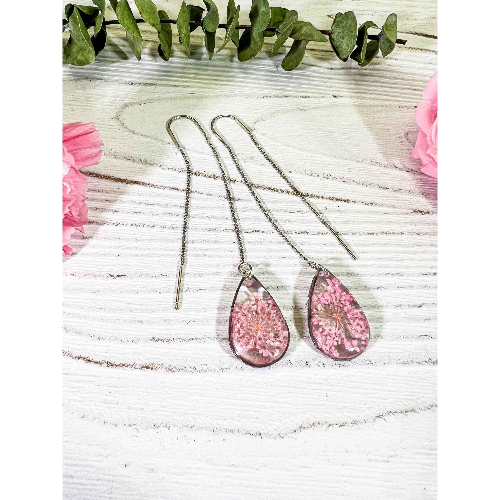 Pink Queen Anne’s lace ear threader earrings