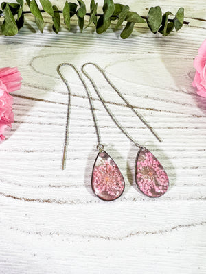 Pink Queen Anne’s lace ear threader earrings