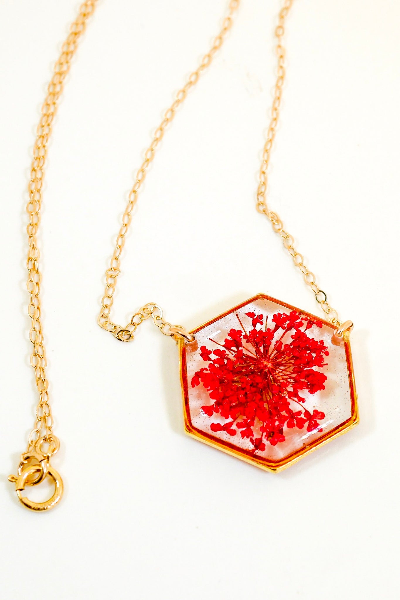 Red Queen Anne's lace Hexagon Necklace