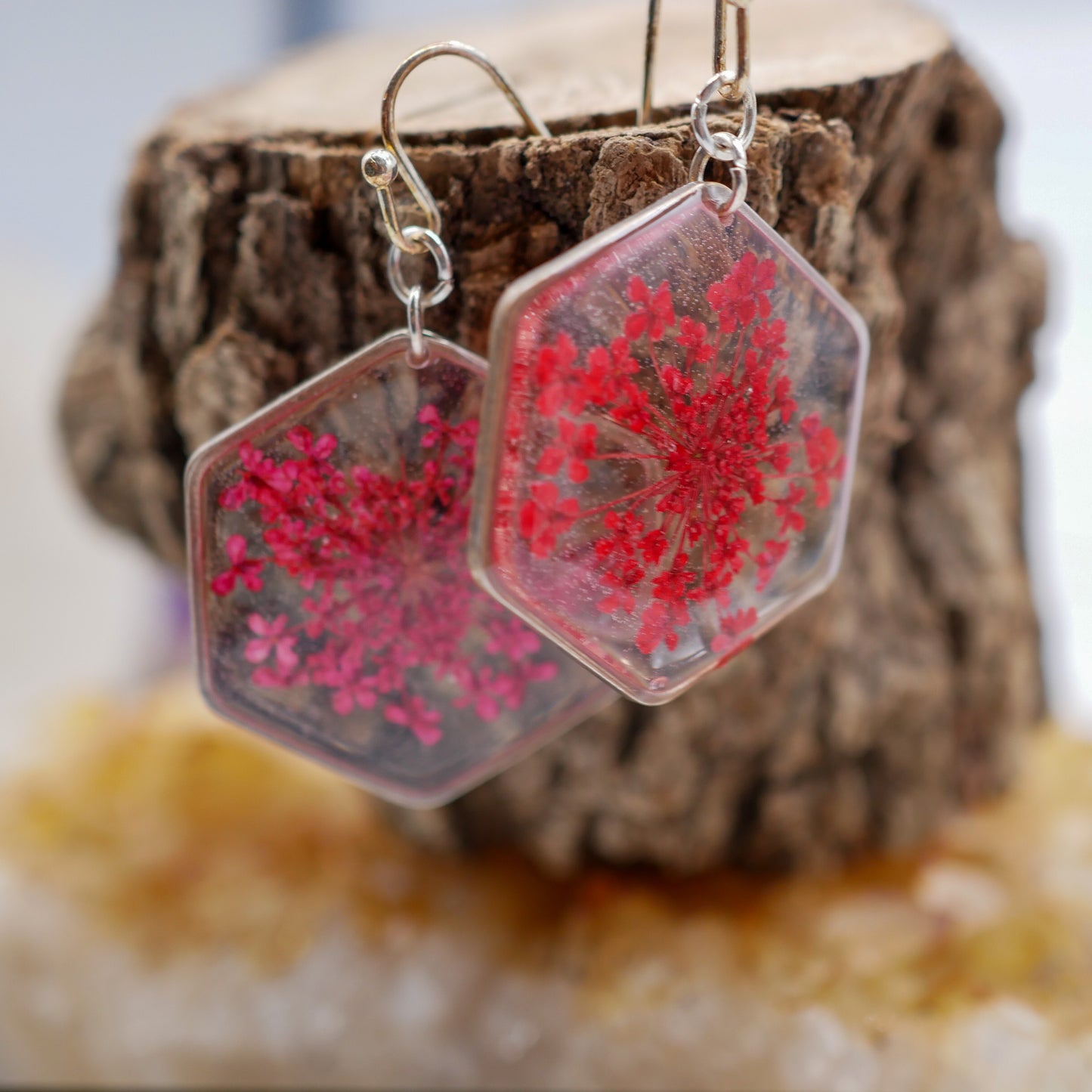 Load image into Gallery viewer, Red hexagon Queen Anne’s lace earrings
