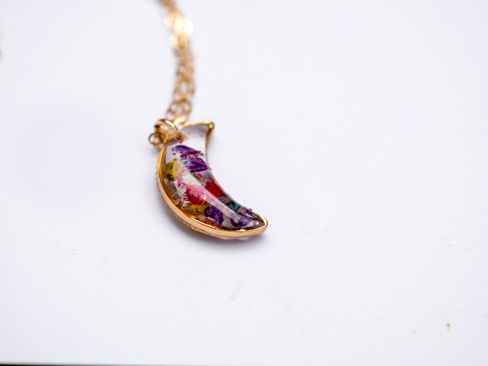 Tiny Pressed Flowers crescent moon necklace