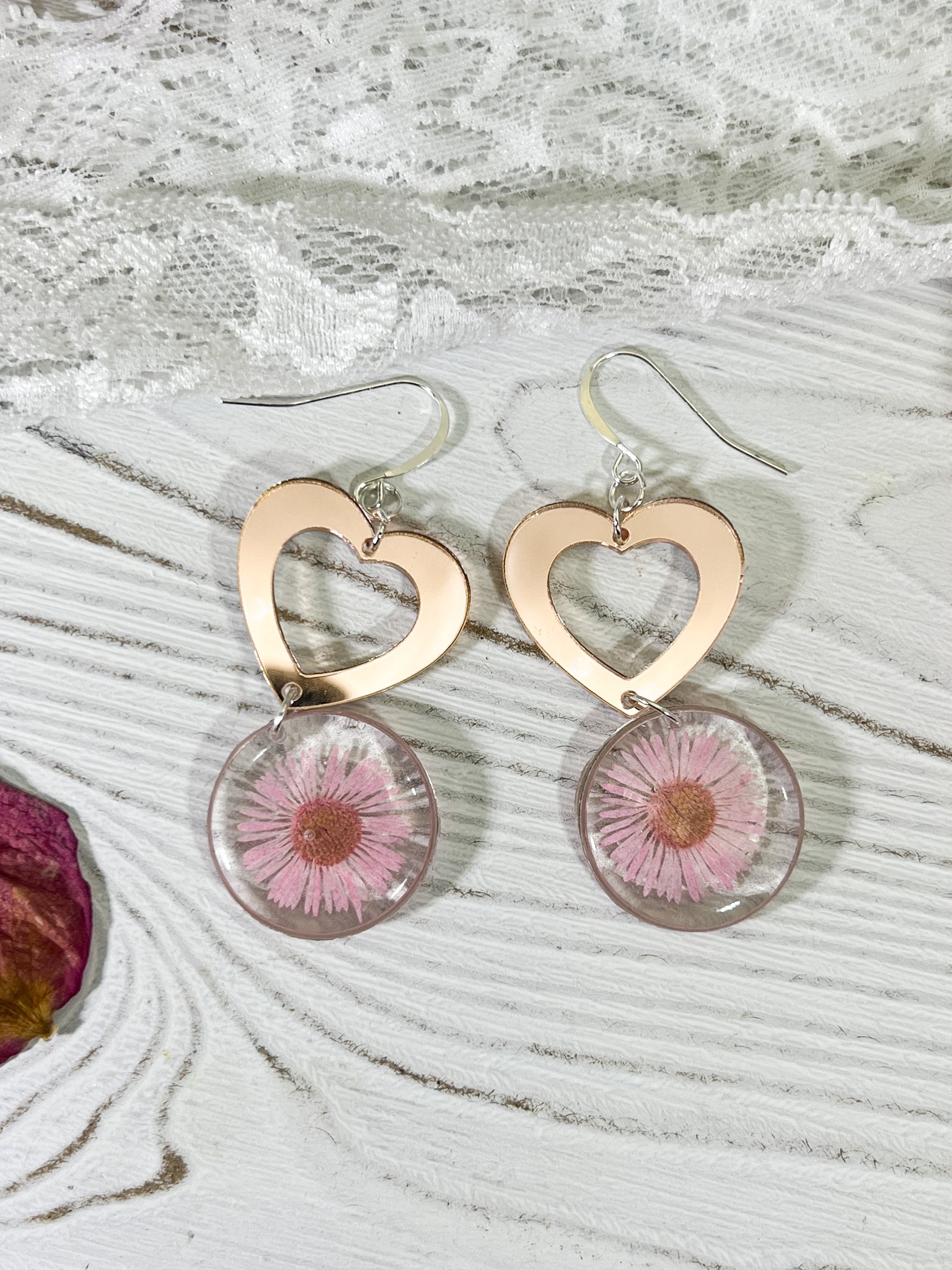Pink daisy acrylic heart earrings