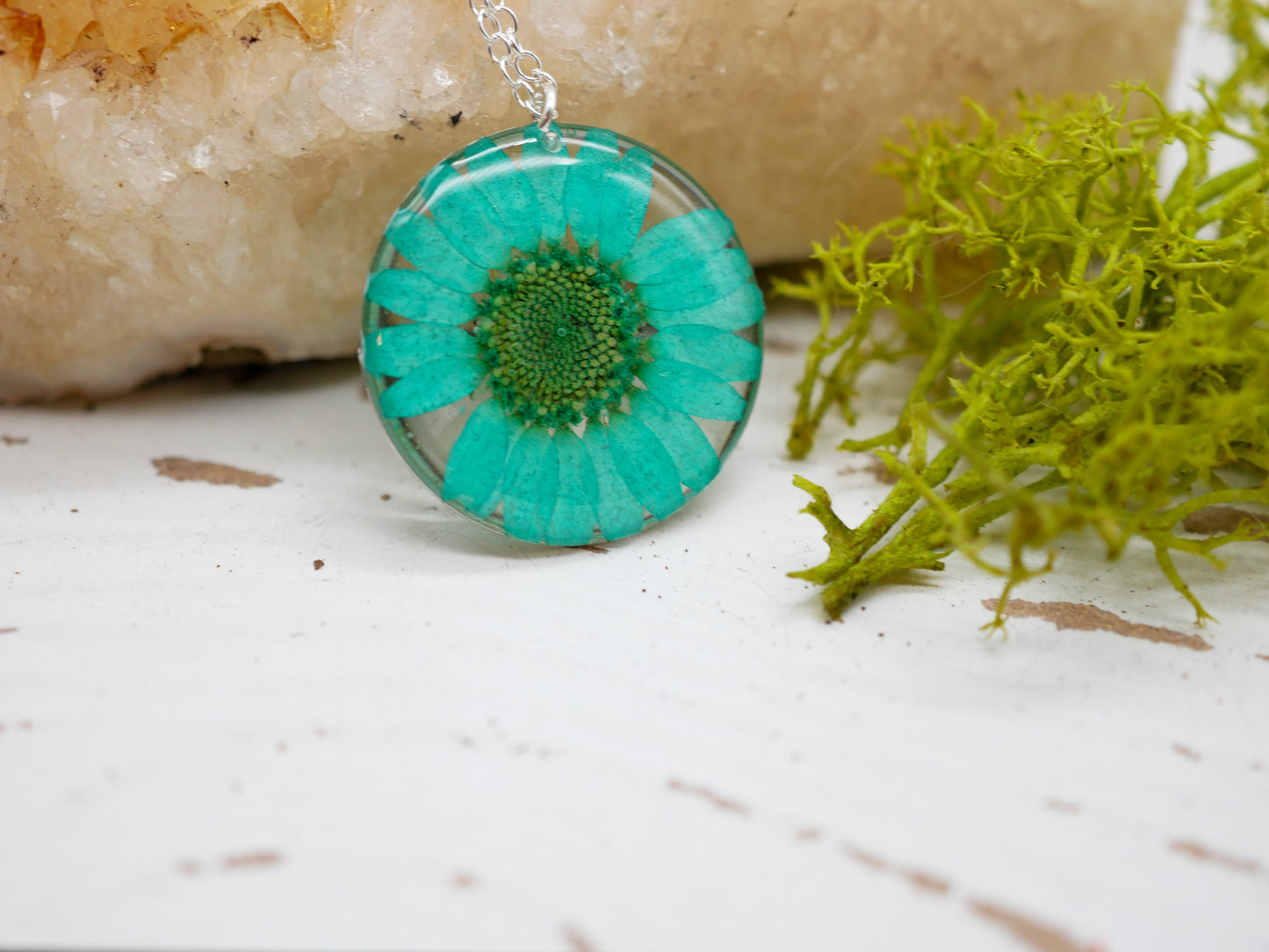 Pressed Blue daisy necklace