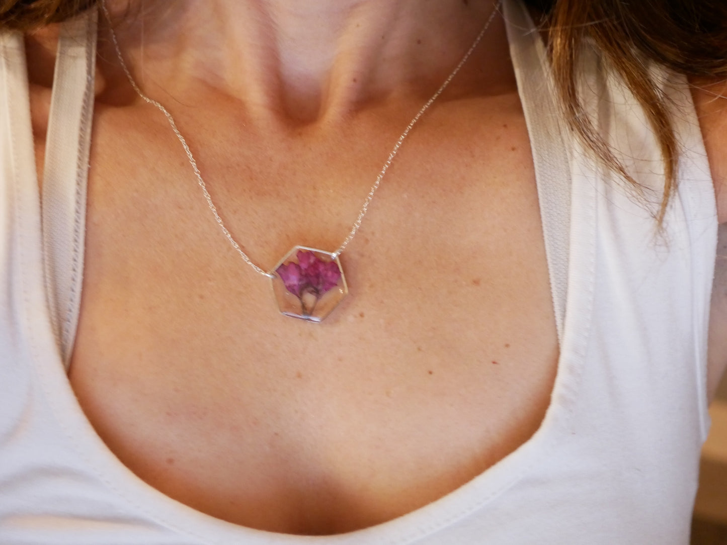 Pressed Coral Bell Hexagon Necklace