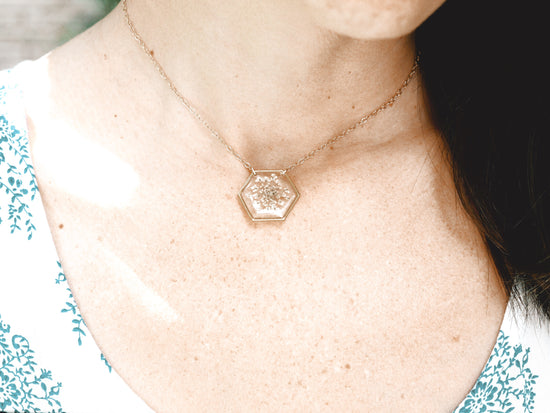 Load image into Gallery viewer, White Queen Annes lace Hexagon Necklace
