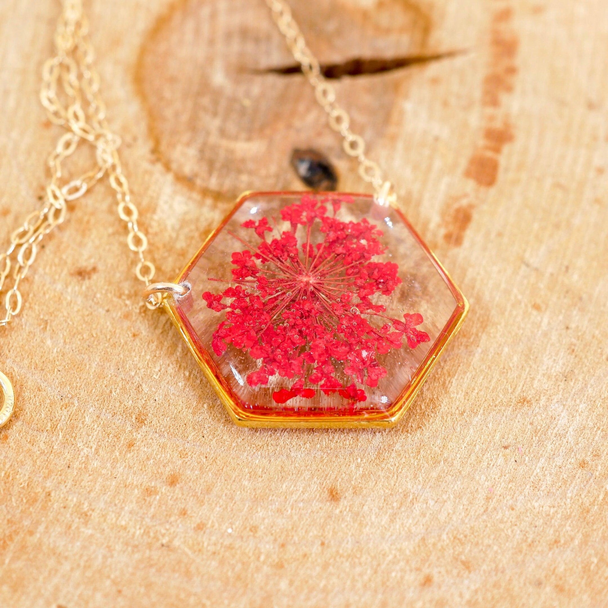 Red Queen Anne's lace Hexagon Necklace