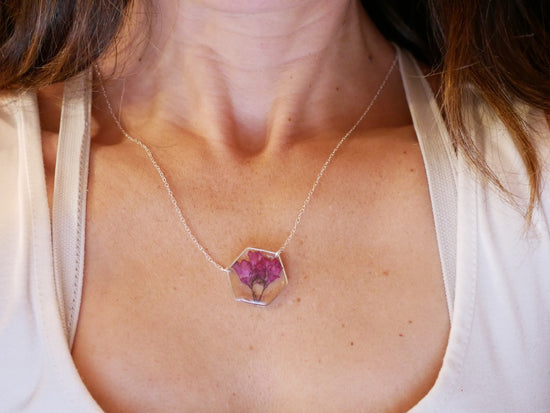 Pressed Coral Bell Hexagon Necklace