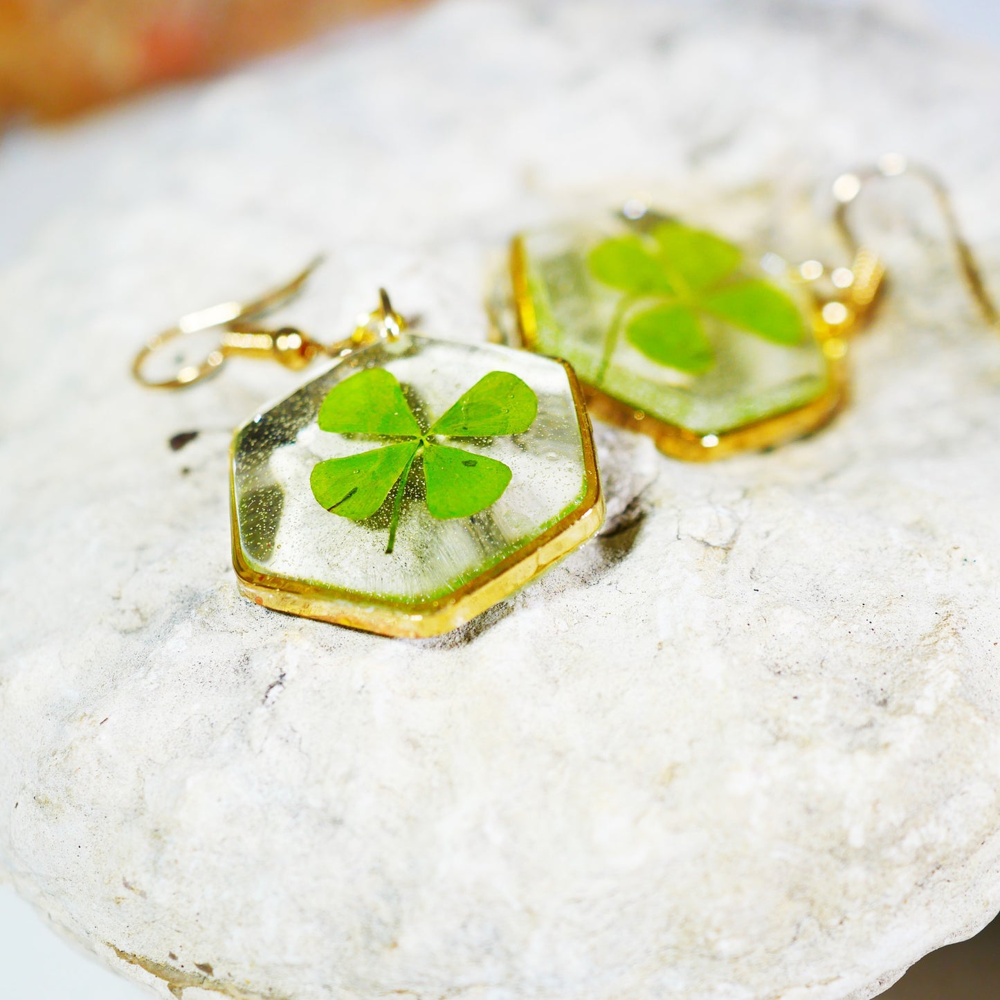 Load image into Gallery viewer, Four Leaf Clover Hexagon Earrings
