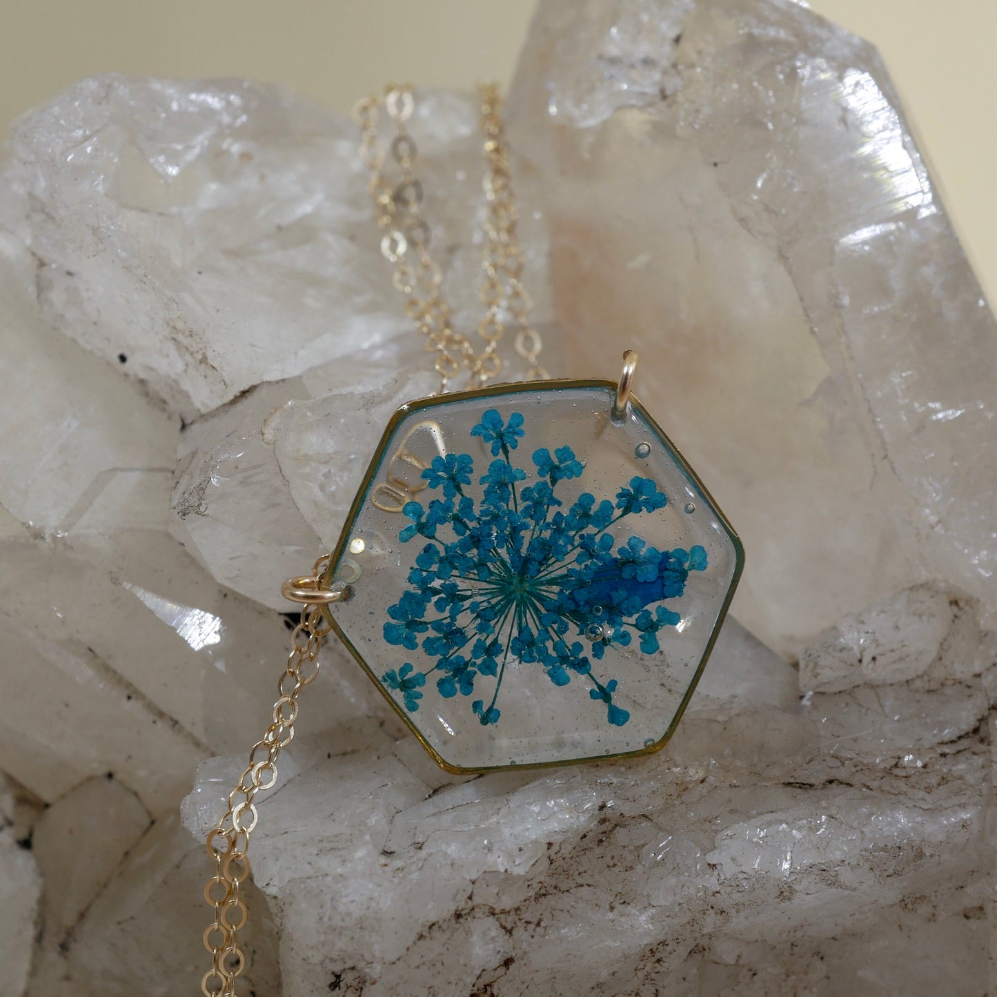 Blue Queen Annes lace Hexagon Necklace