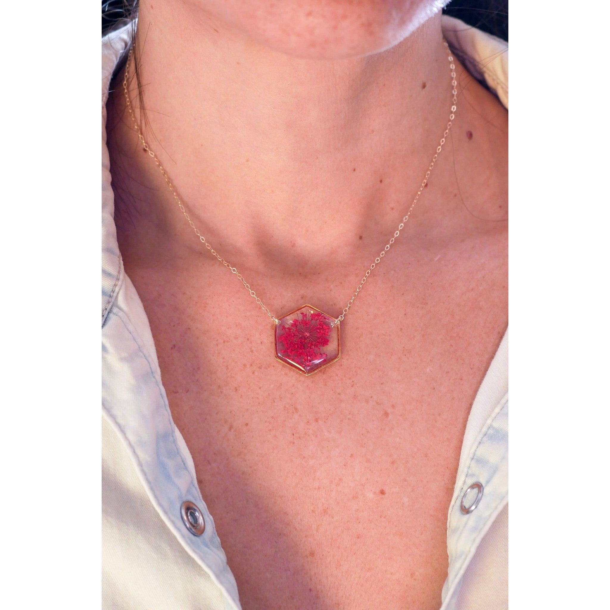 Red Queen Anne's lace Hexagon Necklace