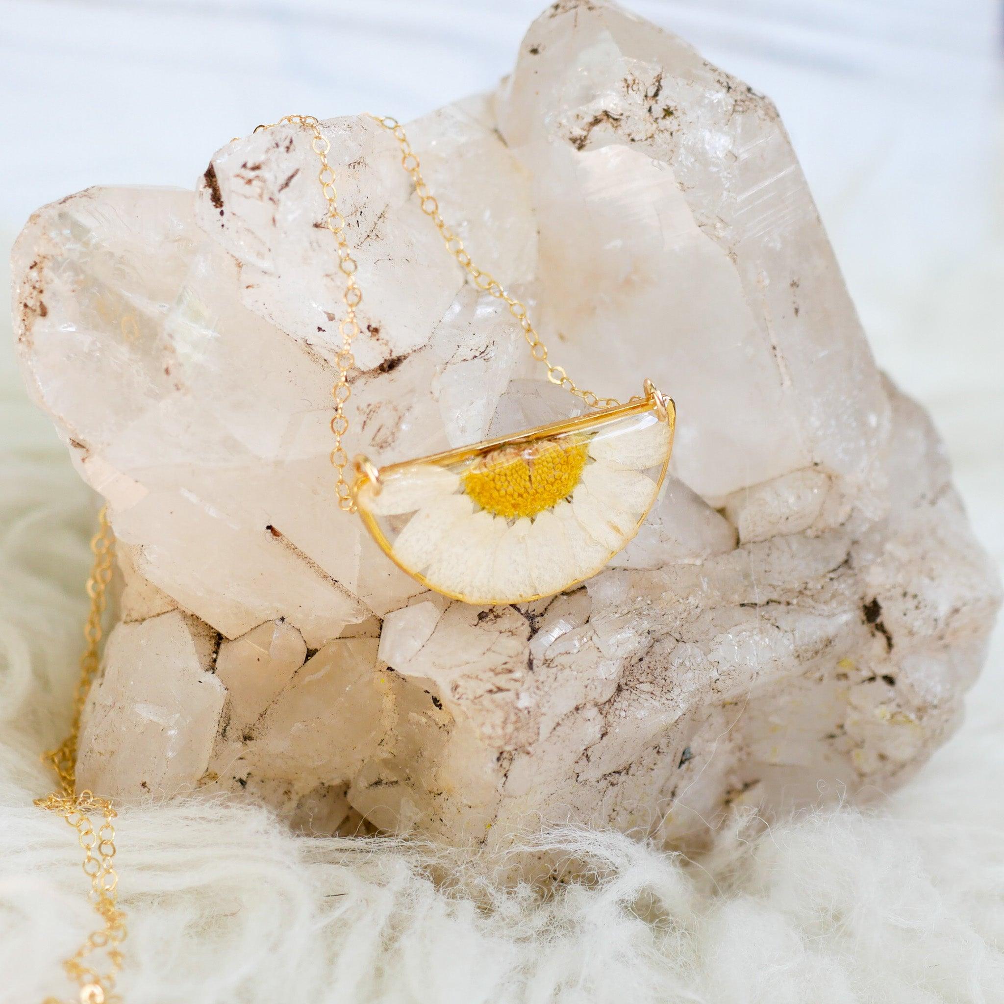 Half moon Pressed Daisy Necklace