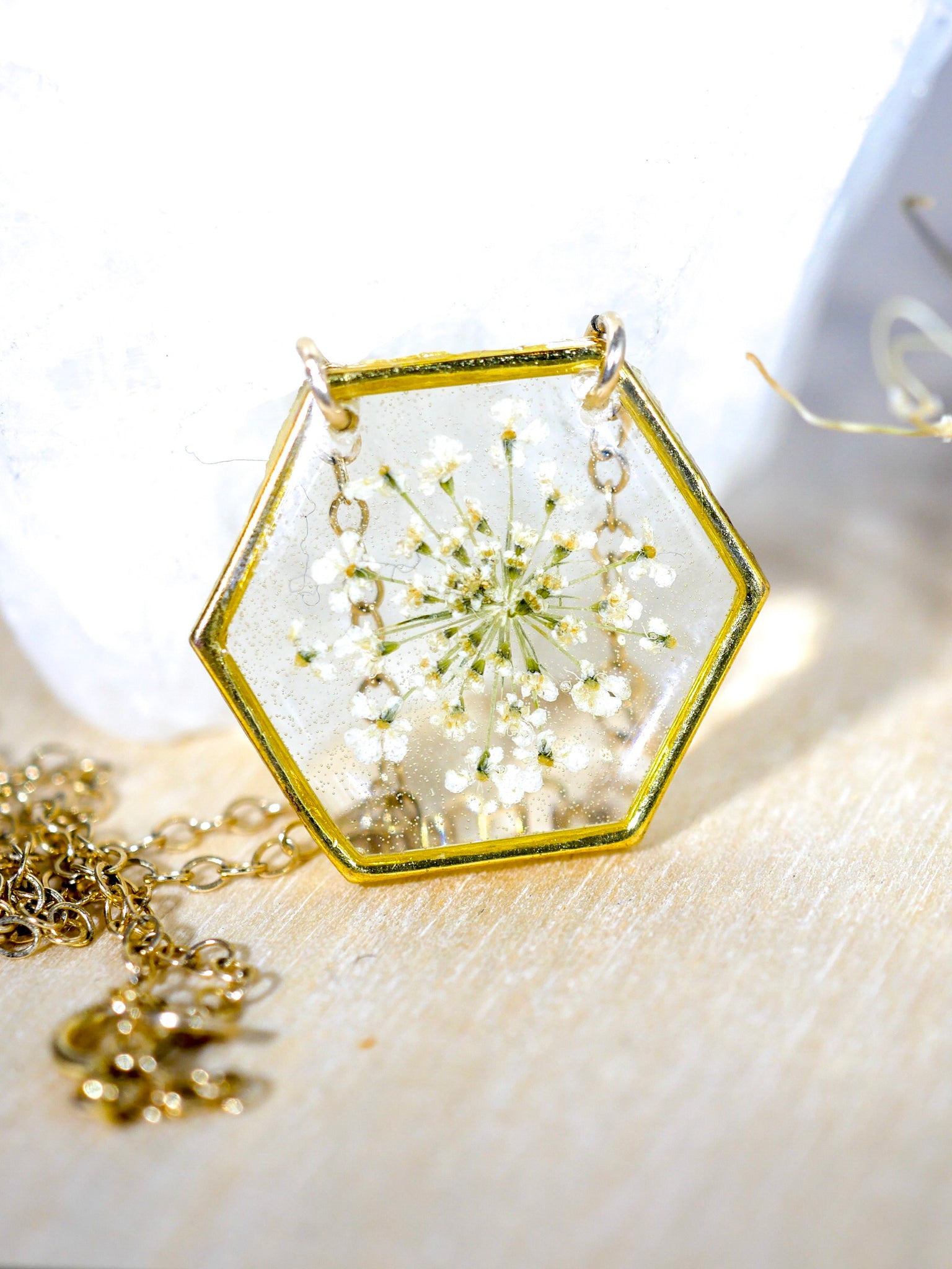 White Queen Annes lace Hexagon Necklace