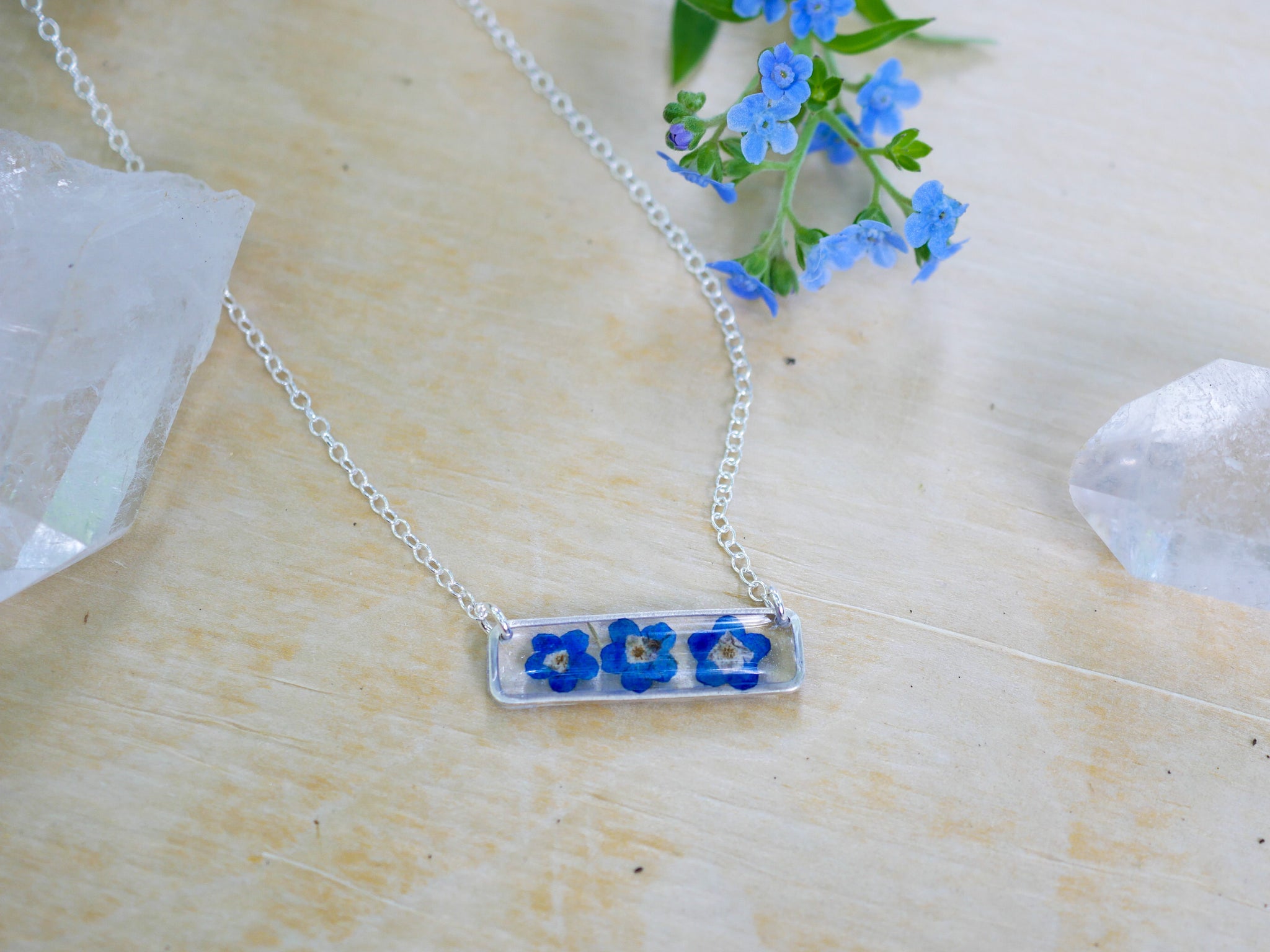 Forget me not horizontal bar necklace
