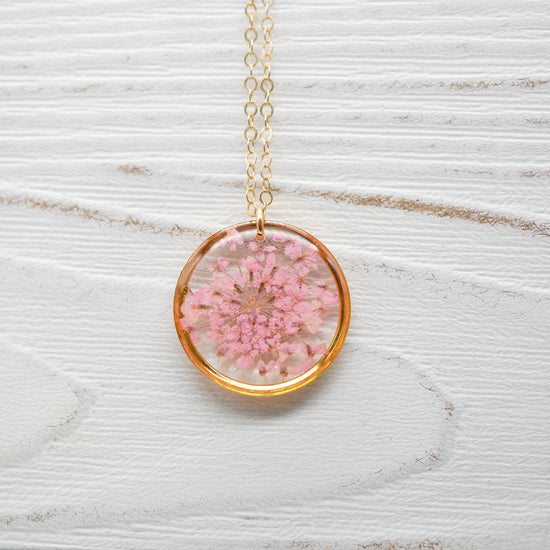 Pink Queen Anne’s lace pendant necklace
