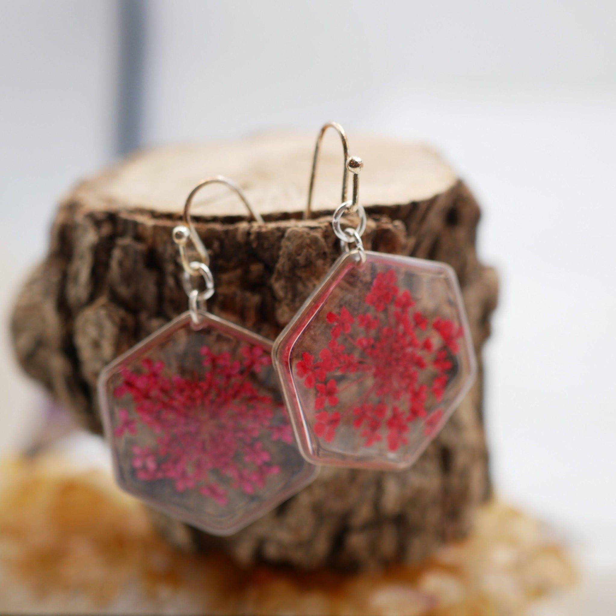 Red hexagon Queen Anne’s lace earrings