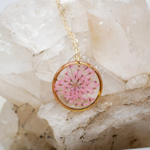 Pink Queen Anne’s lace pendant necklace