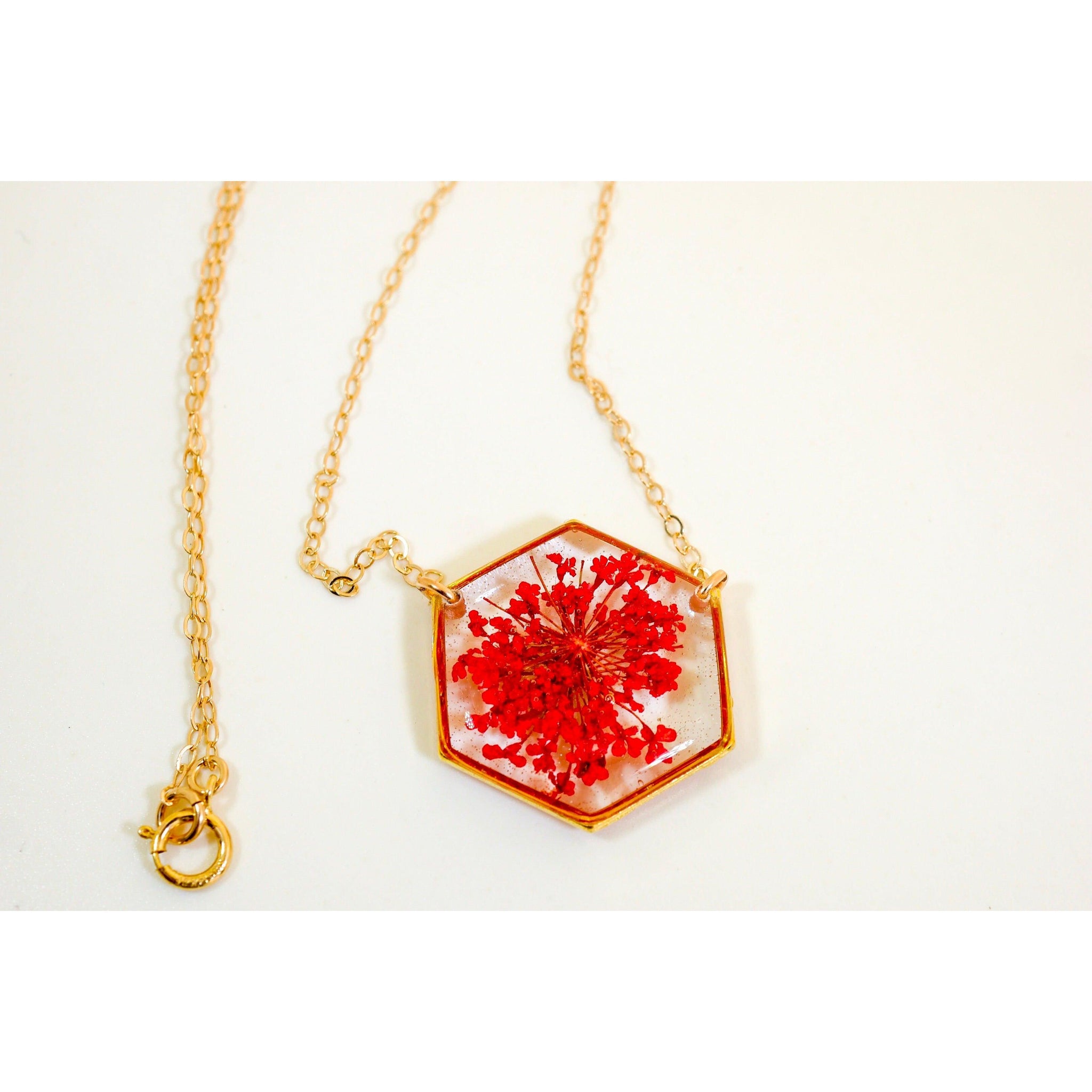 Red Queen Anne's lace Hexagon Necklace