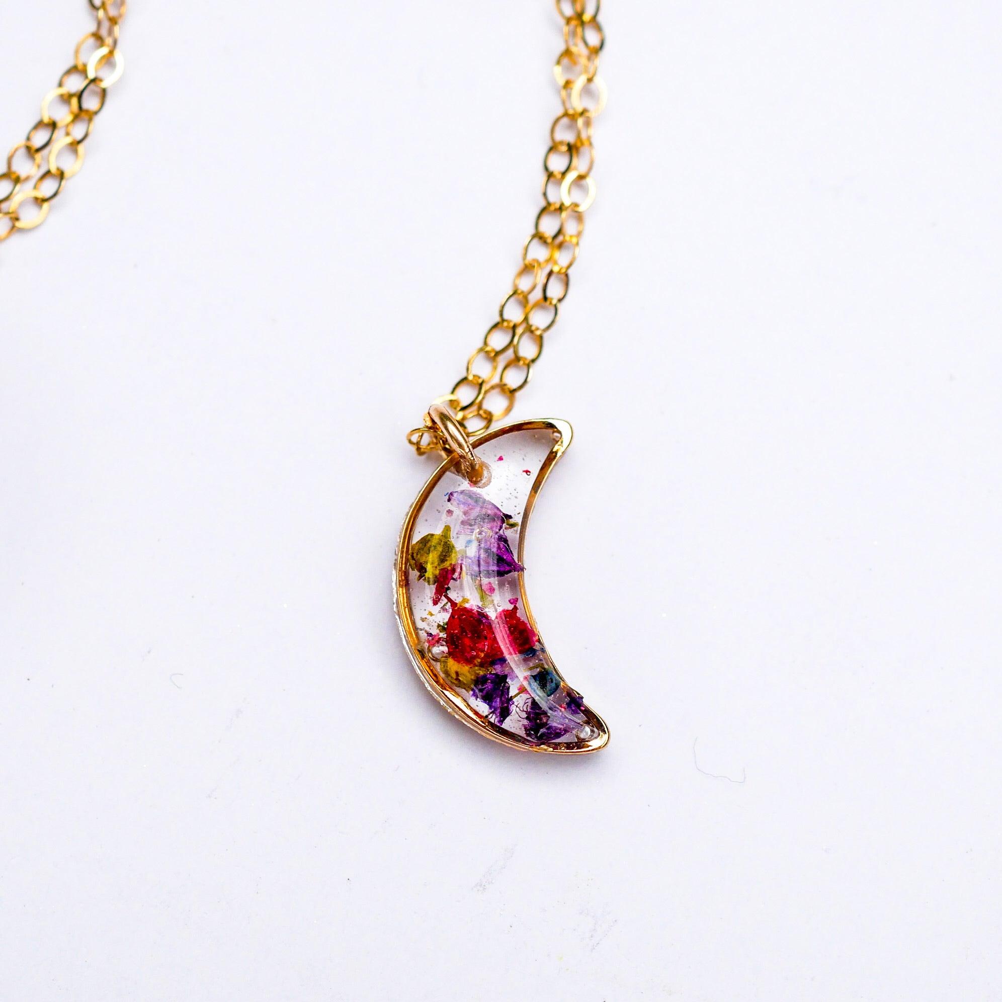 Tiny Pressed Flowers crescent moon necklace
