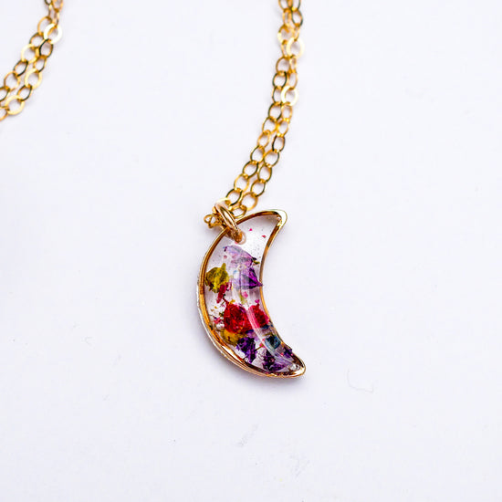Load image into Gallery viewer, Tiny Pressed Flowers crescent moon necklace

