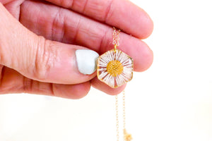 Tiny Pressed Daisy Hexagon  Necklace