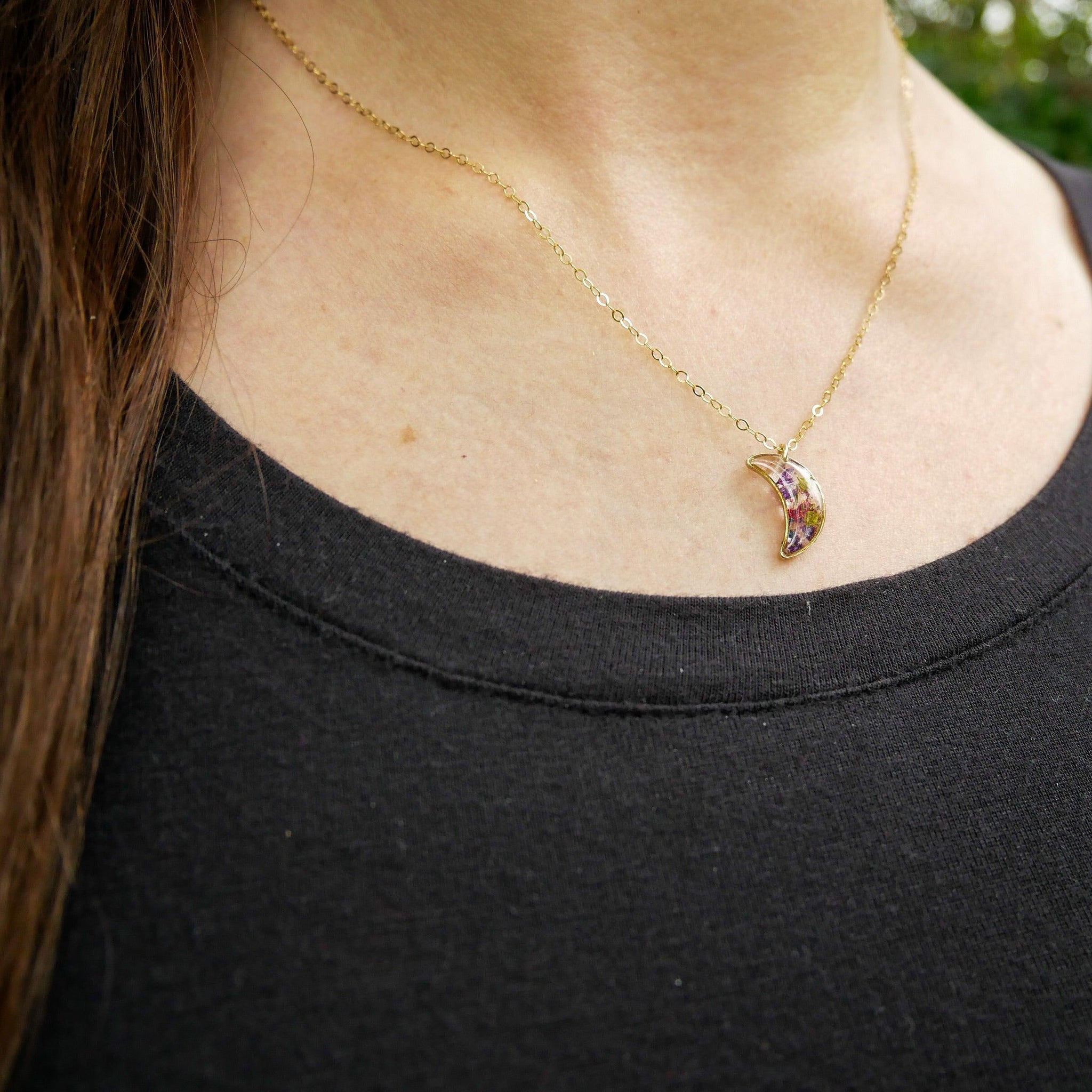 Tiny Pressed Flowers crescent moon necklace