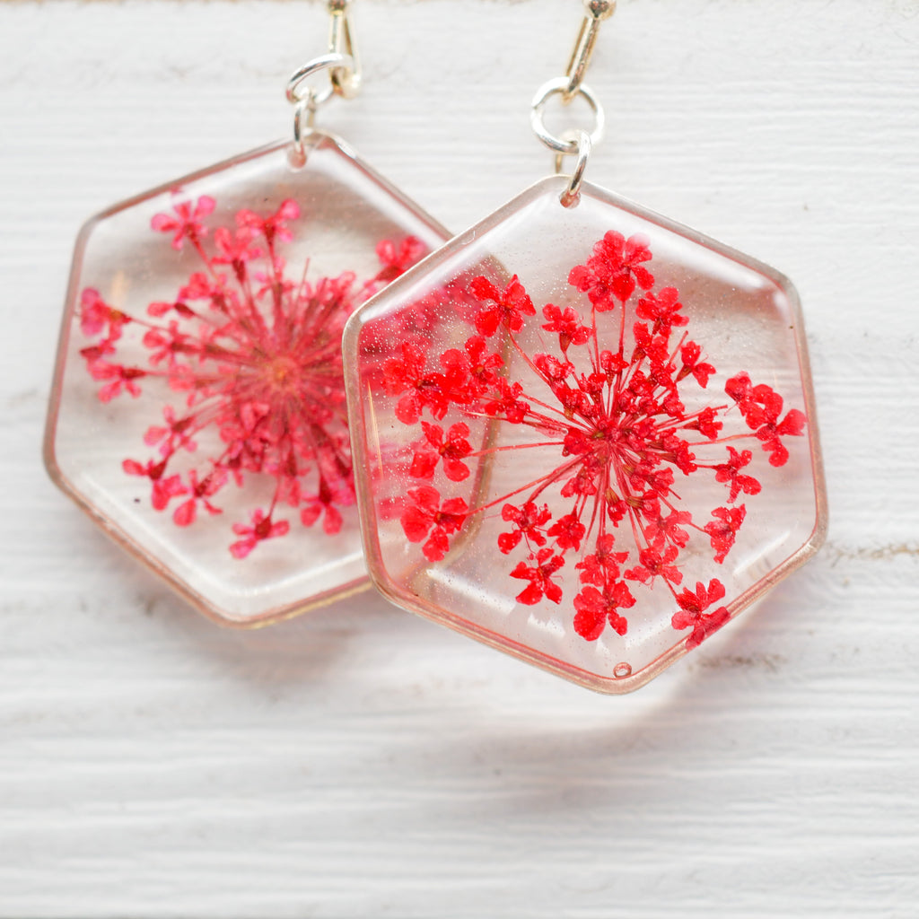 Red hexagon Queen Anne’s lace earrings