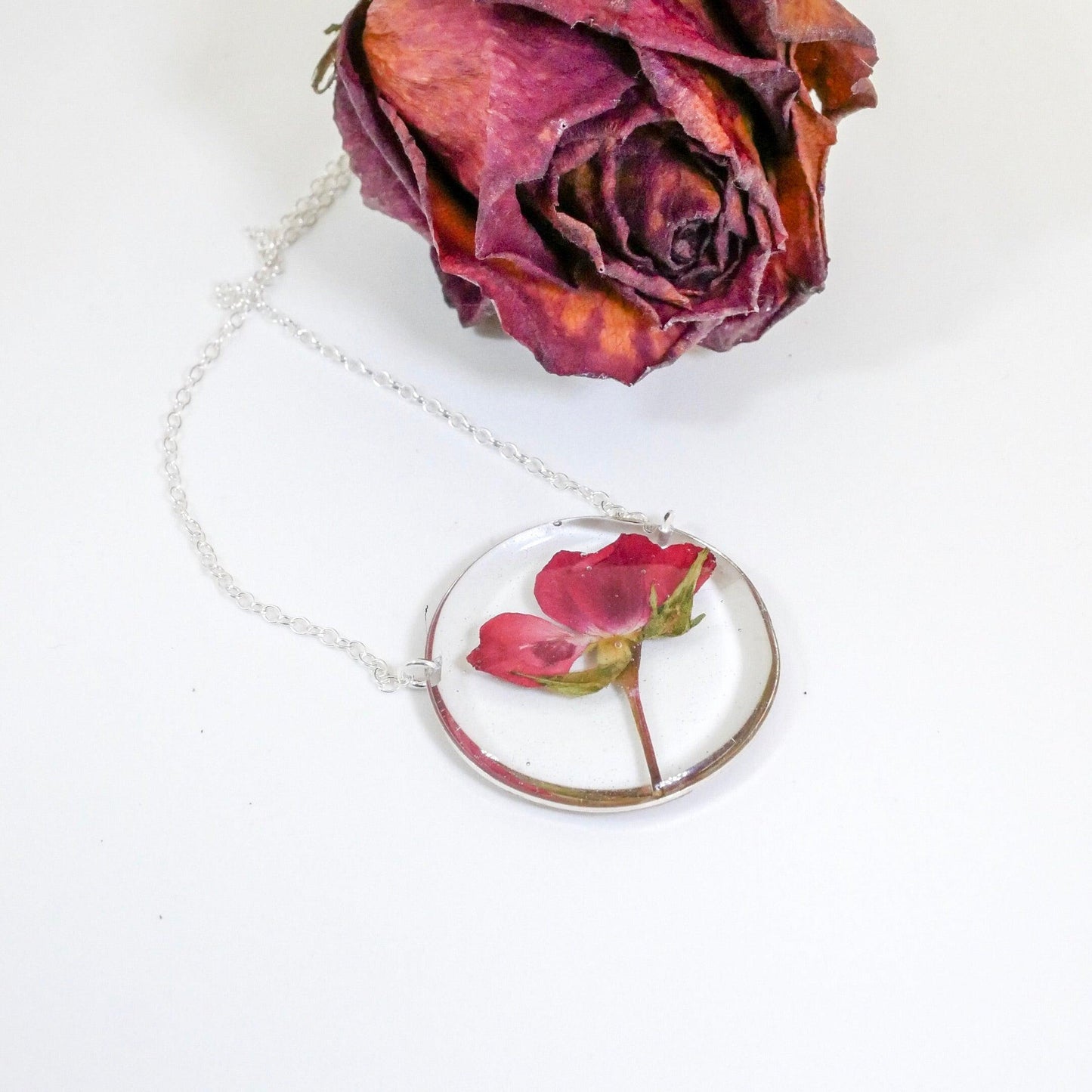 Purple Rose Petal Necklace on Silver Chain