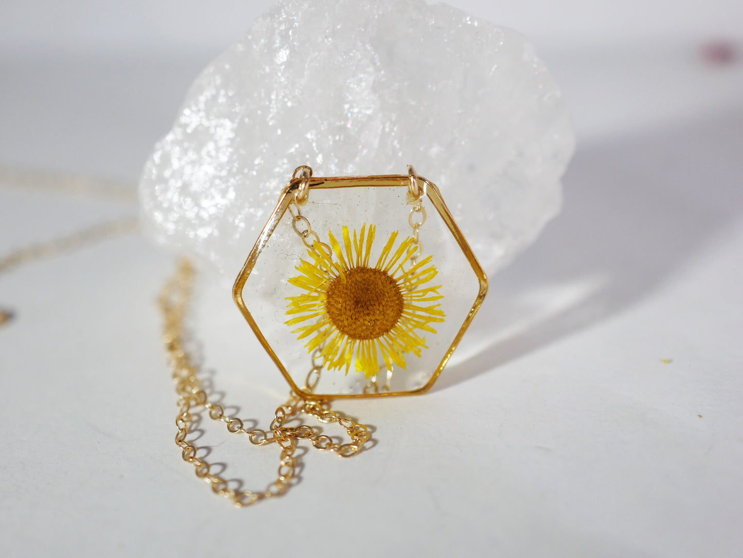 Yellow Fleabane hexagon necklace