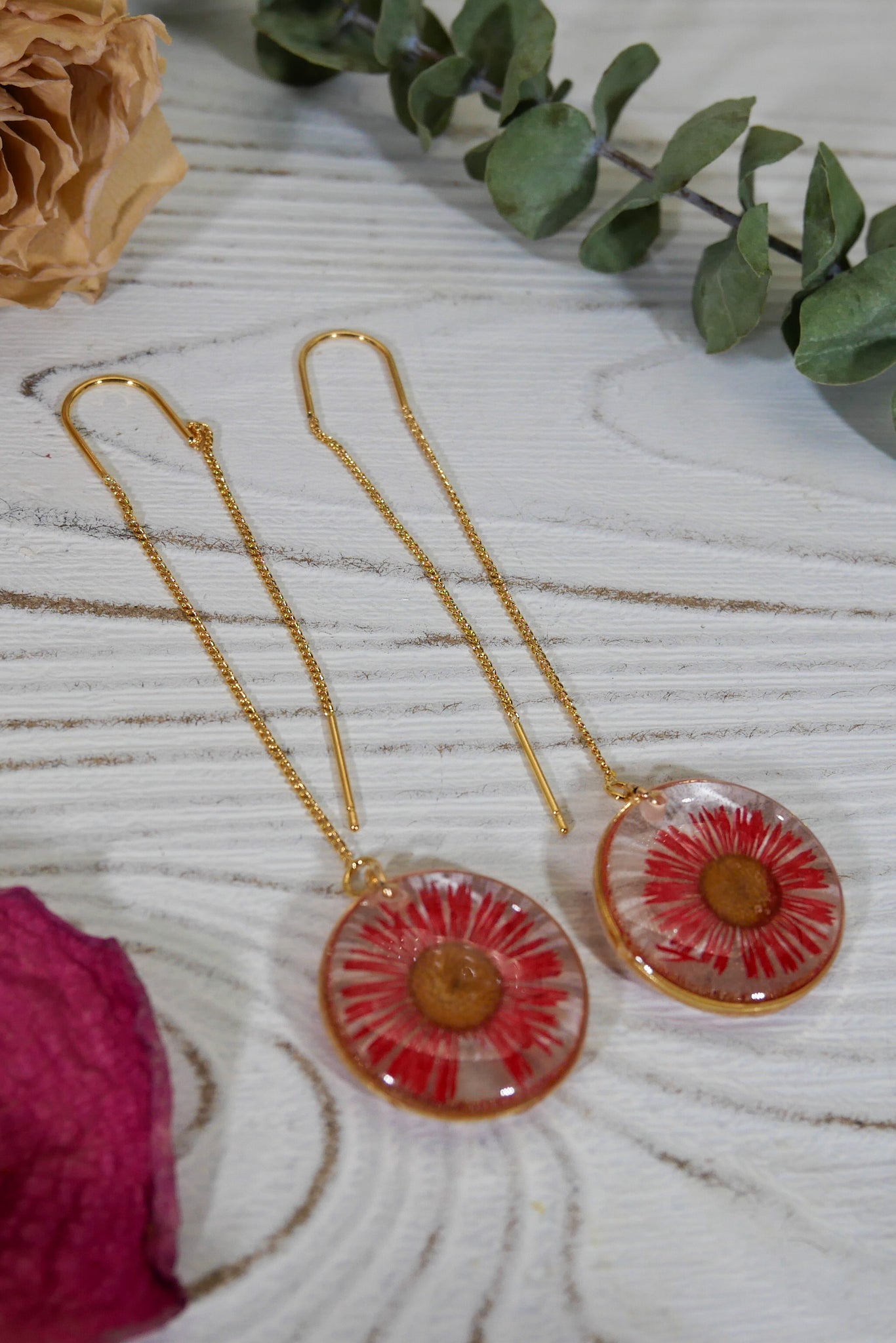 Red daisy ear threader earrings