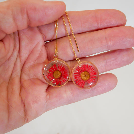 Load image into Gallery viewer, Red daisy ear threader earrings
