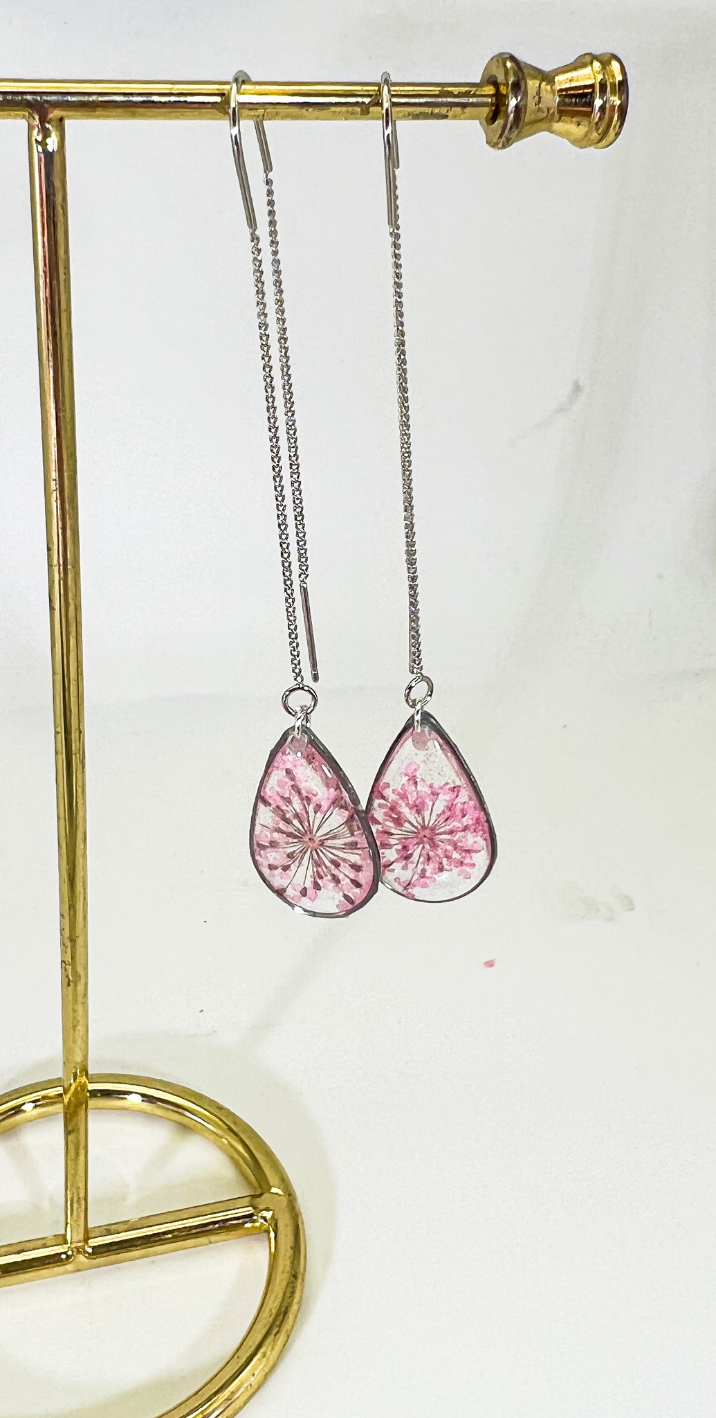 Pink Queen Anne’s lace ear threader earrings