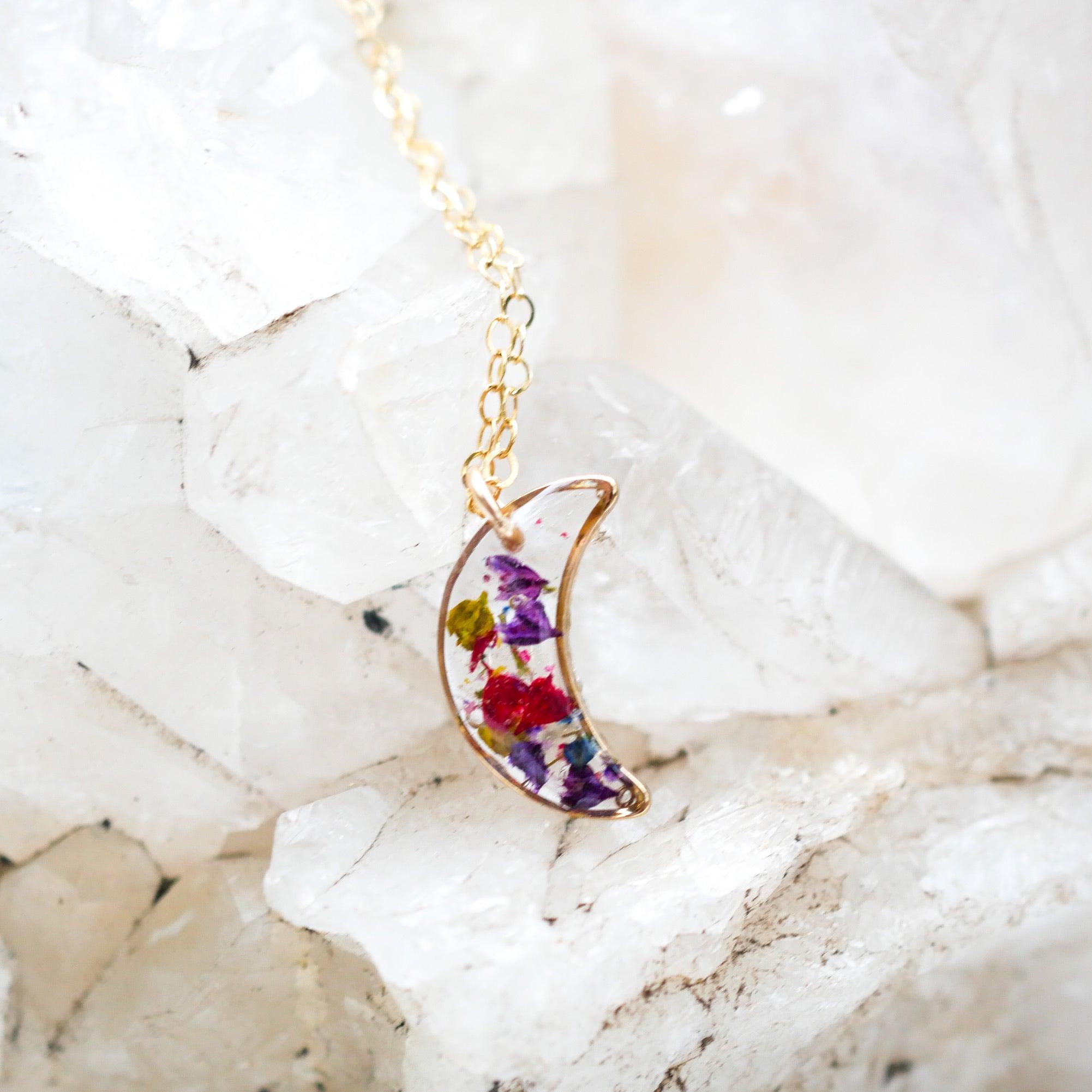 Tiny Pressed Flowers crescent moon necklace
