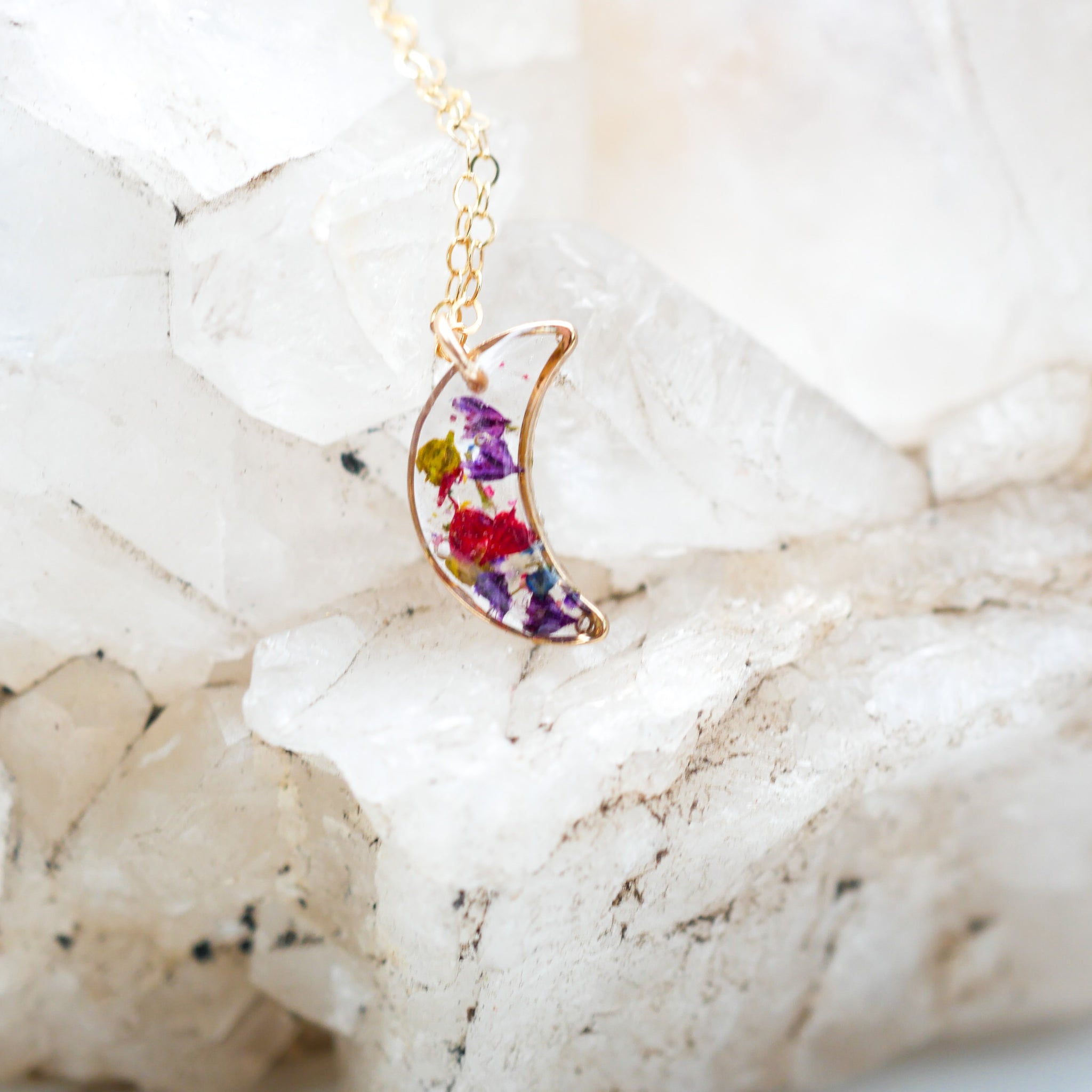 Tiny Pressed Flowers crescent moon necklace