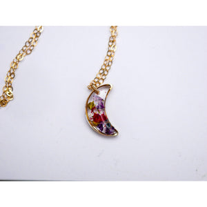 Tiny Pressed Flowers crescent moon necklace